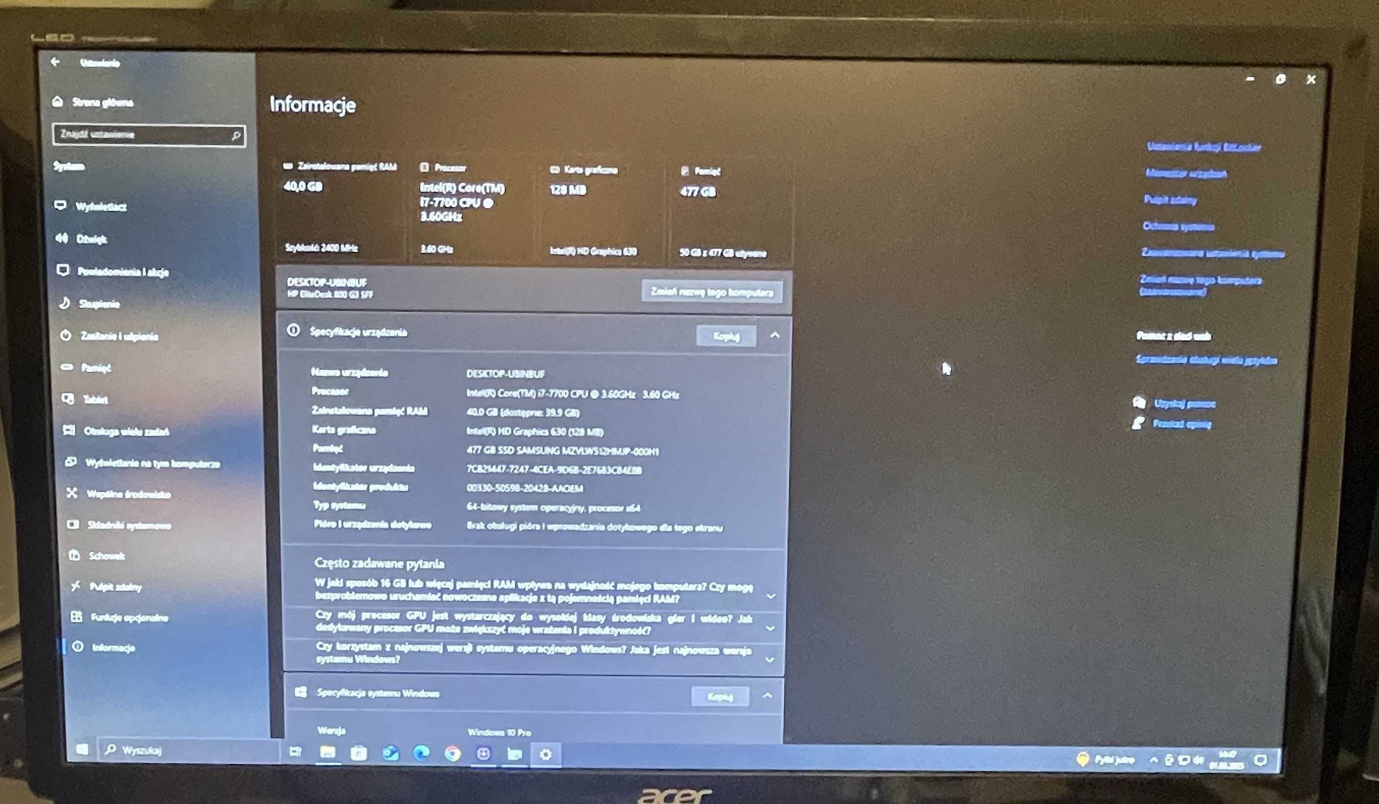 Komputer HP/i7-7700 4x3,6GHz/SSD 512GB M2/ram 40GB/Windows 10/HDMI