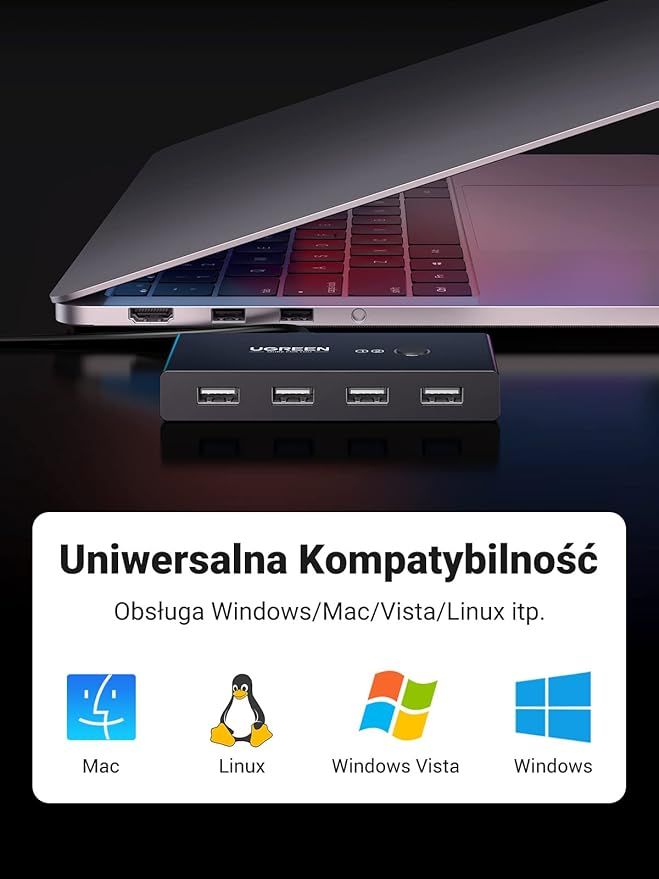 UGREEN Przełącznik USB 2.0 2 w 4 z Kablami do Drukarek i Dysków
