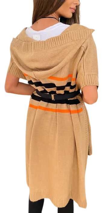 Stylowe ponczo z kapturem i kieszeniami camel/czarny oversize