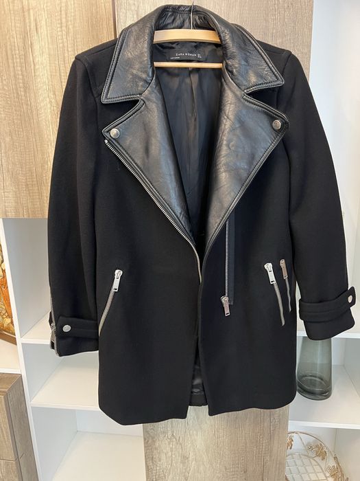 Стильне вовняне пальто від zara з вставками натуральної шкір