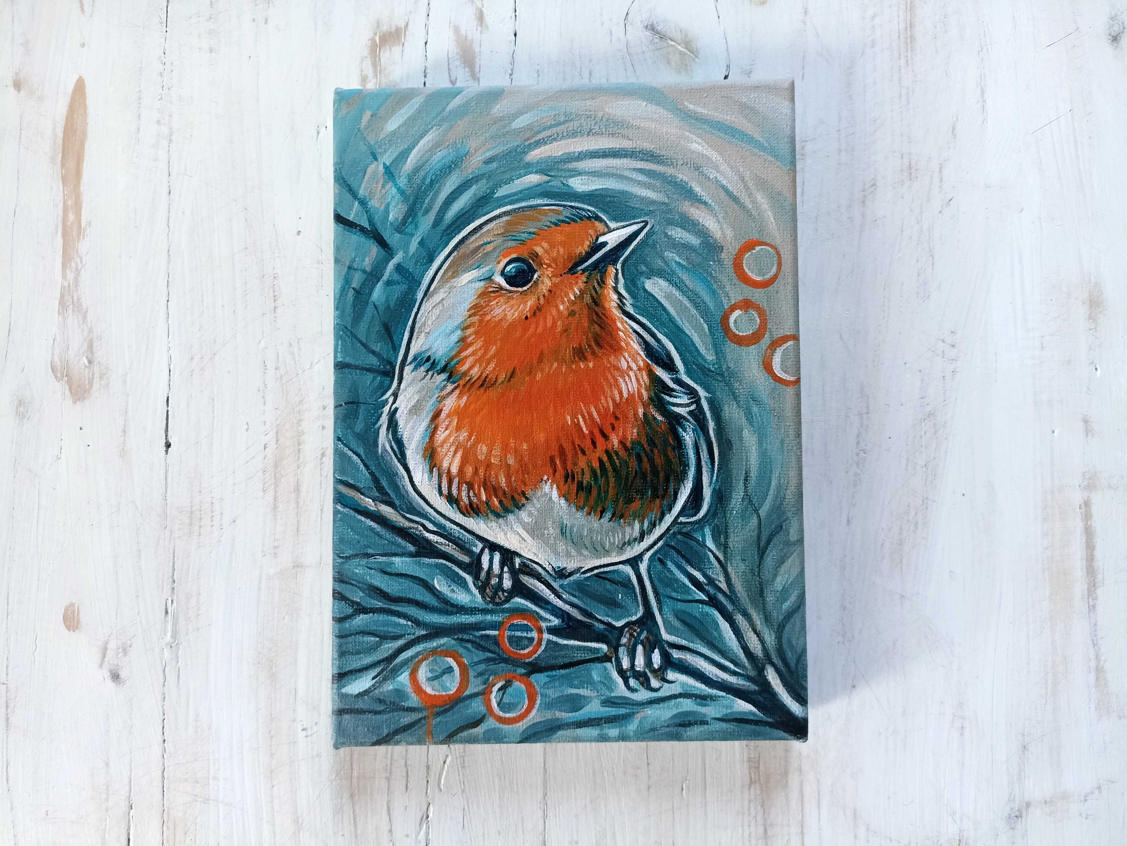 Obraz na płótnie 15x21cm, rudzik, akryl, ręcznie malowany oryginał