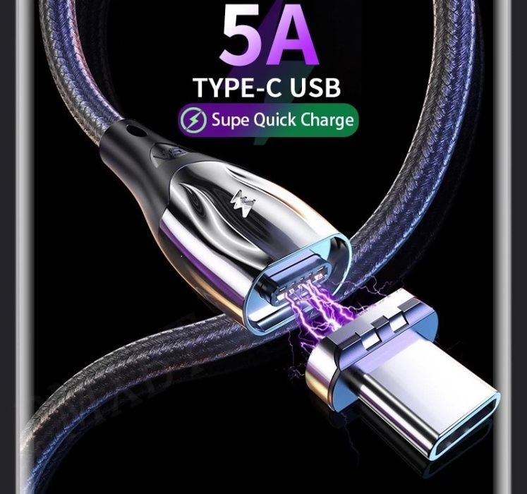 5А Магнитный Светодиодный кабель type-C/Lightning для быстрой зарядки