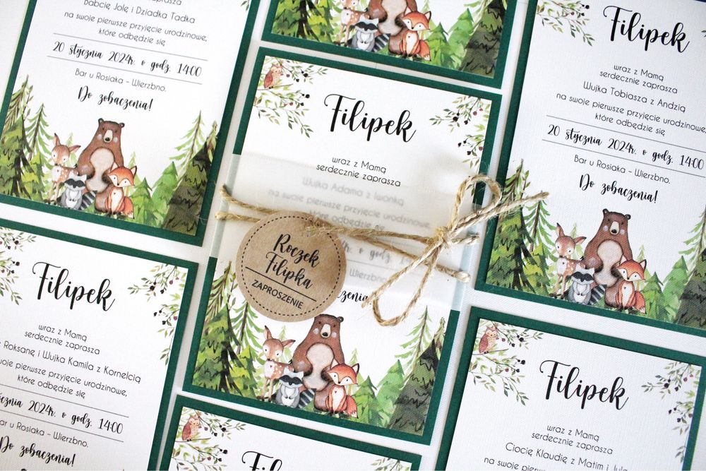 Zaproszenia na roczek urodziny urodzinowe chrzest leśne