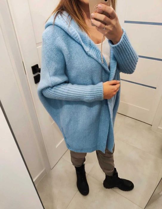 Me Gusta blekitny kardigian cieply sweter oversize nietoperz