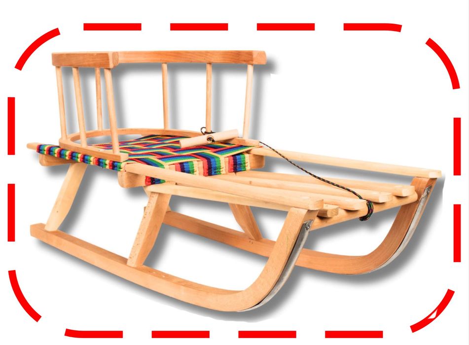 Sanki drewniane z oparciem i materiałowym siedziskiem POLSKI PRODUKT