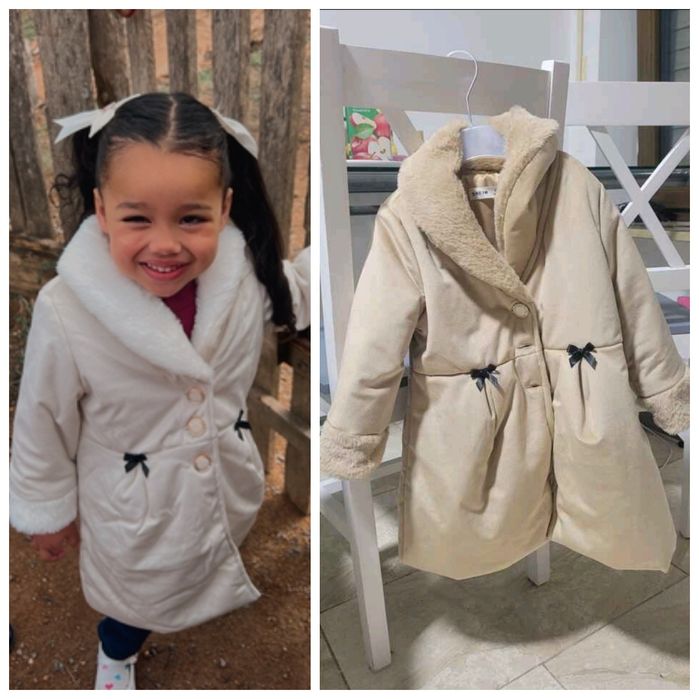 Elegancki NOWY śmietankowy płaszczyk 6L ocieplany z futerkiem