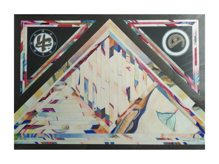 Akwarela z kolażem. Obraz w szkle 70/50, sygnowany. Szyba do wymiany.