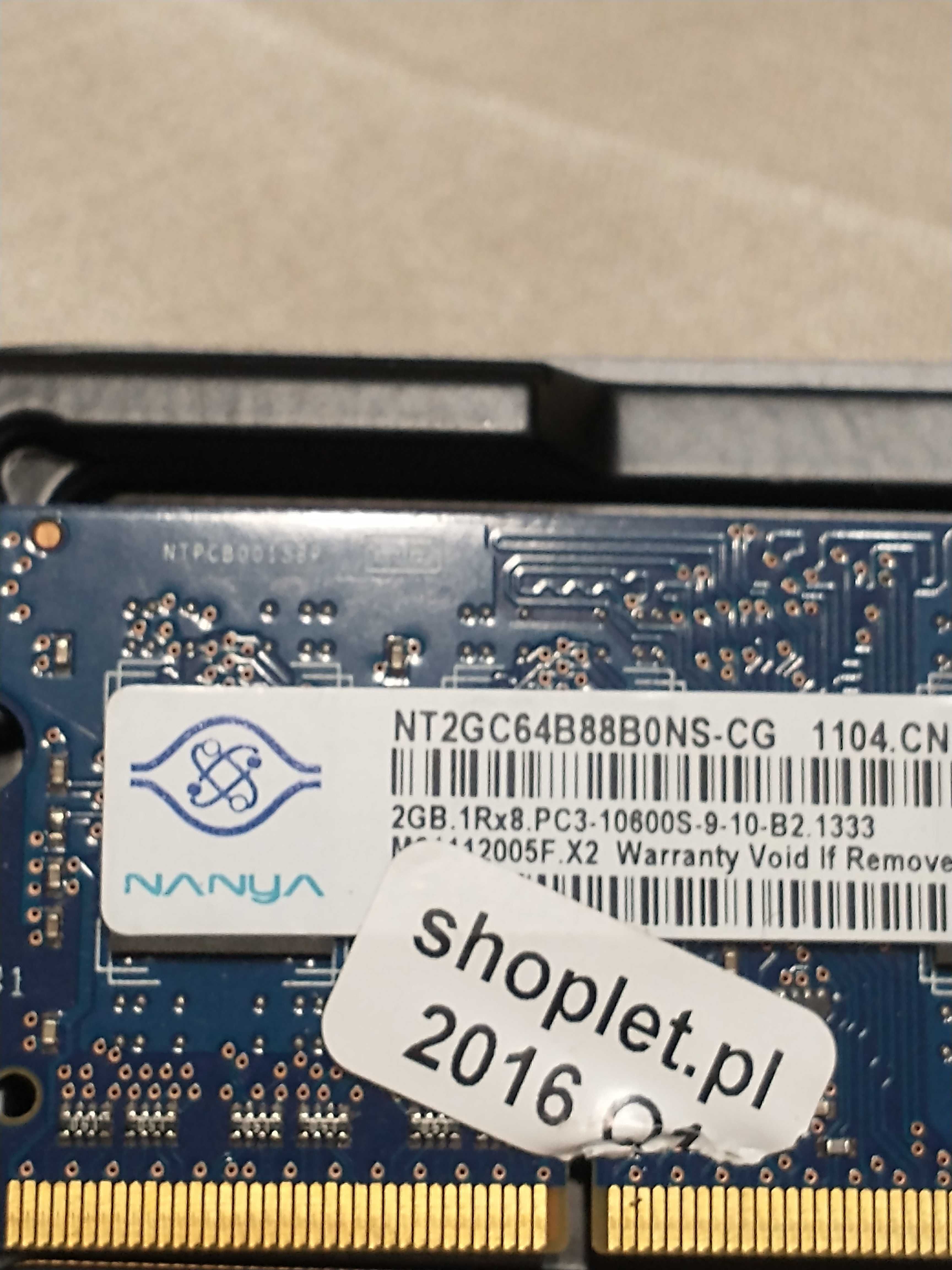 Pamięć RAM DDR3 2GB Nanya +DDR3 2GB Samsung SODIMM 1333MHz(do laptopa)