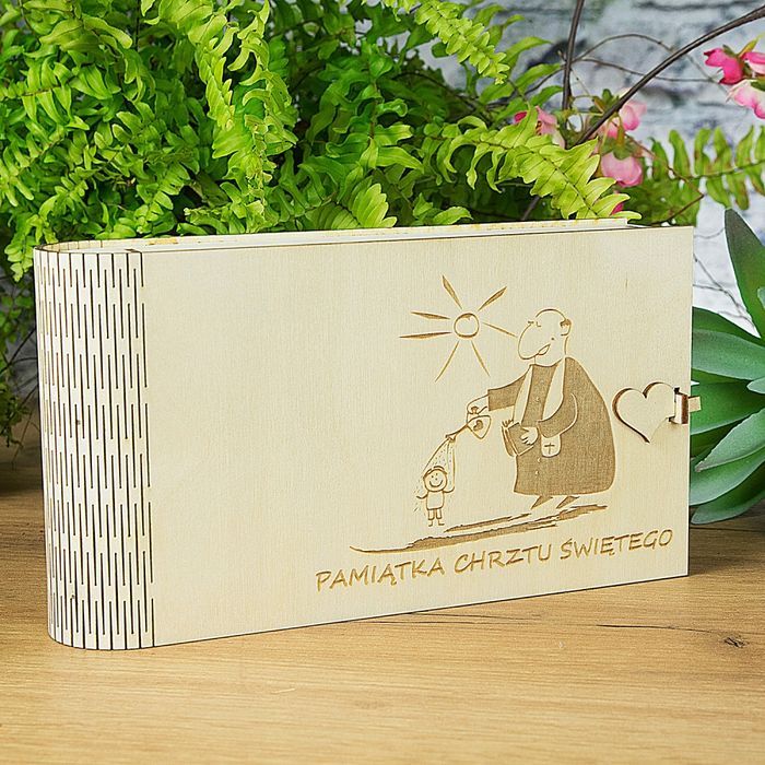 Drewniane pudełko na zdjęcia i pendrive Chrzest Św