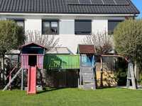 Plac zabaw drewniany ogrodowy, domek dla dzieci, zjeżdżalnia
