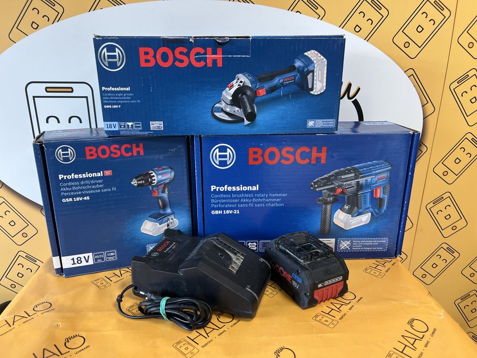 Zestaw Bosch GSR 18V-45 + GBH 18V-21 + GWS 18V-7 od Lombard HaloGSM