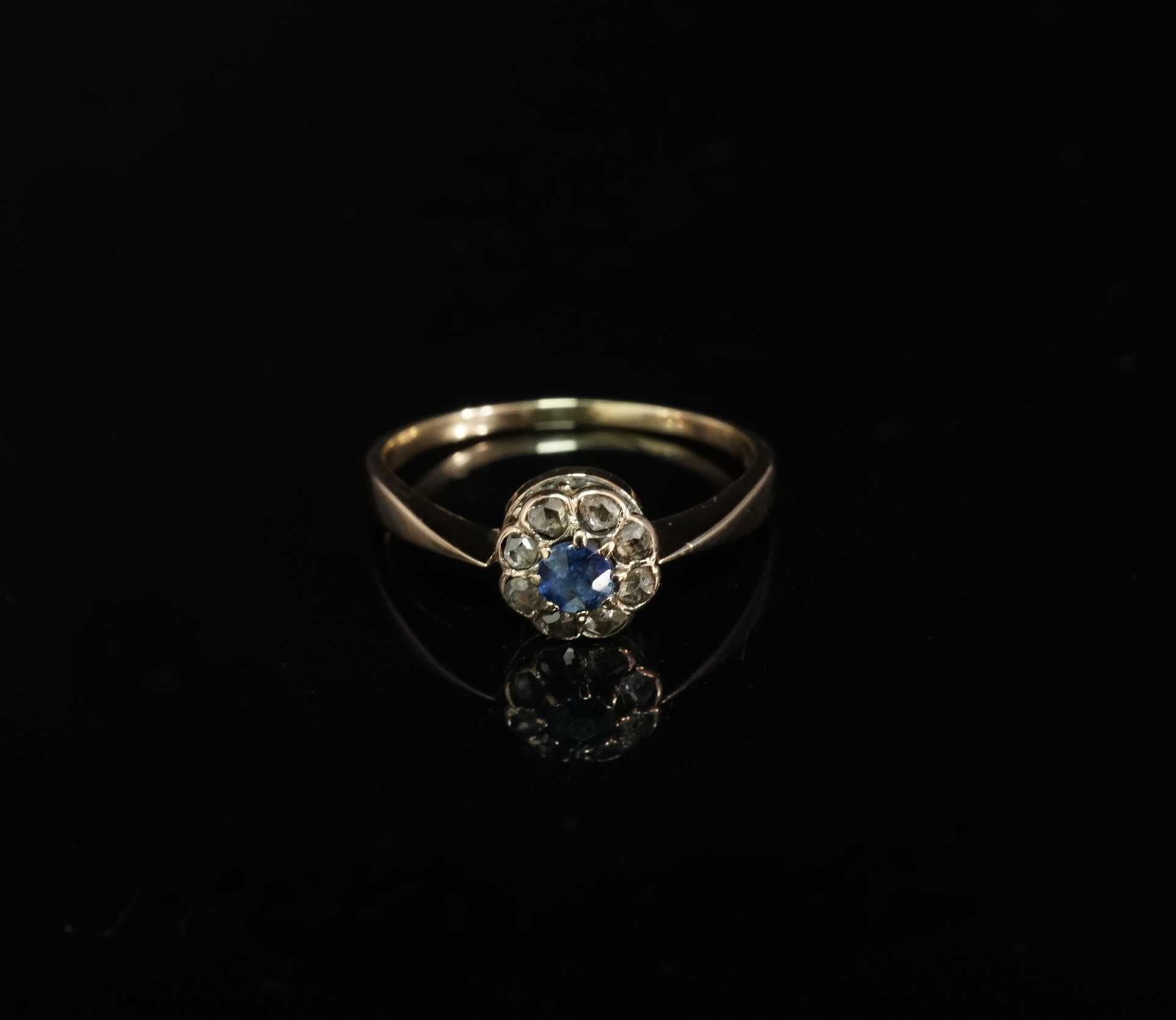Złoto 585 - złoty pierścionek z Diamentami i Szafirem Rozm 11