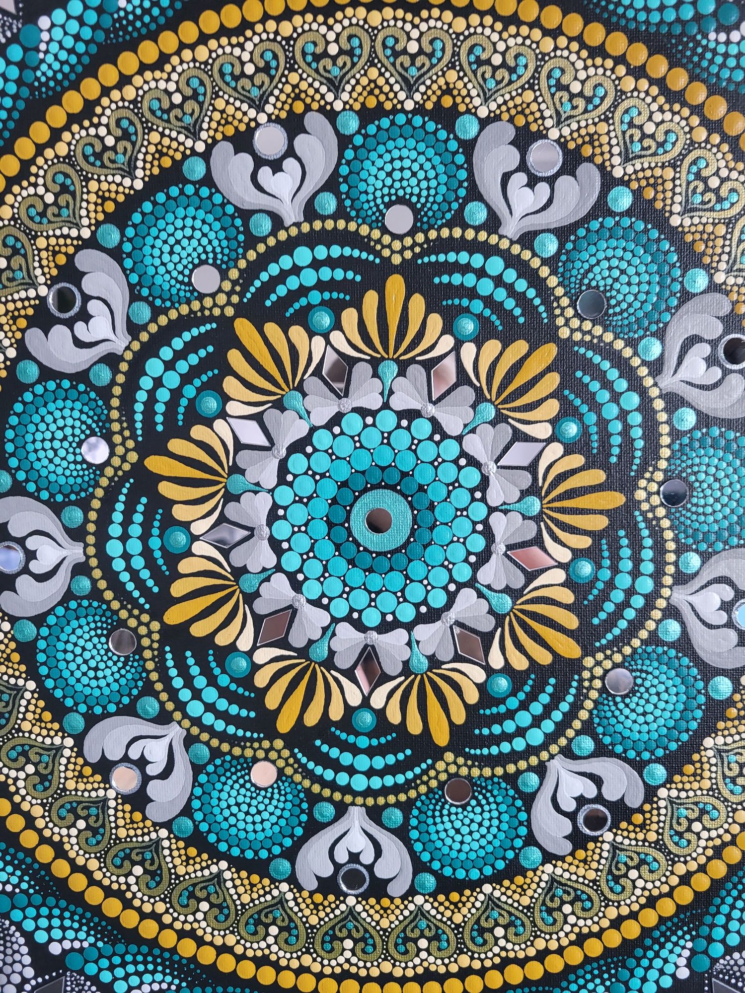 Ręcznie malowana 50x50 cm mandala z lusterkami dot painting kropkowana