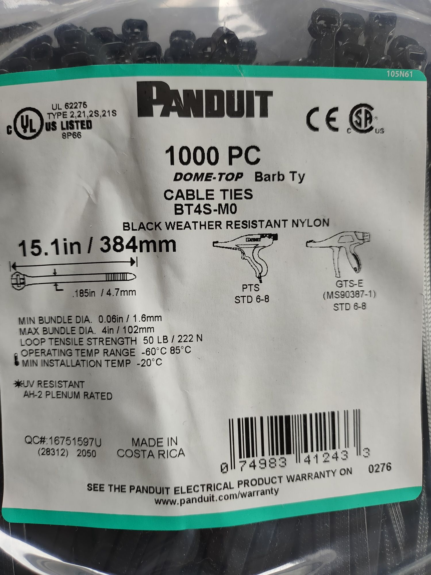 Opaski zaciskowe PANDUIT BT4S-M0, dł 384mm, szer 4,7mm MOCNE