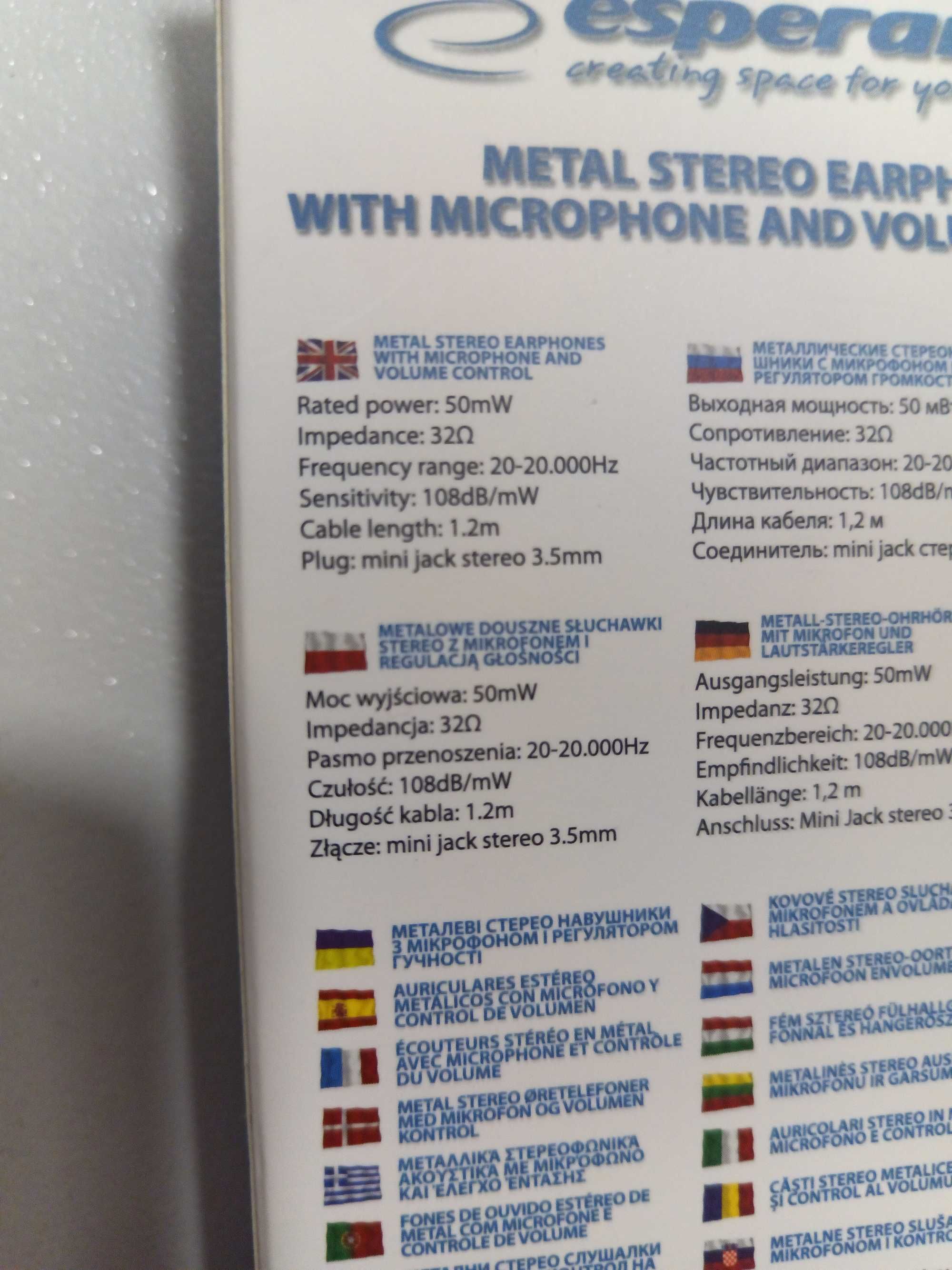 Metalowe Słuchawki / Esperanza / NOWE / z mikrofonem / DARMOWA DOSTAWA