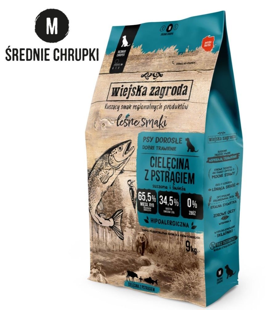 Wiejska Zagroda karma sucha dla psa cielęcina z pstrągiem chrupki M1kg