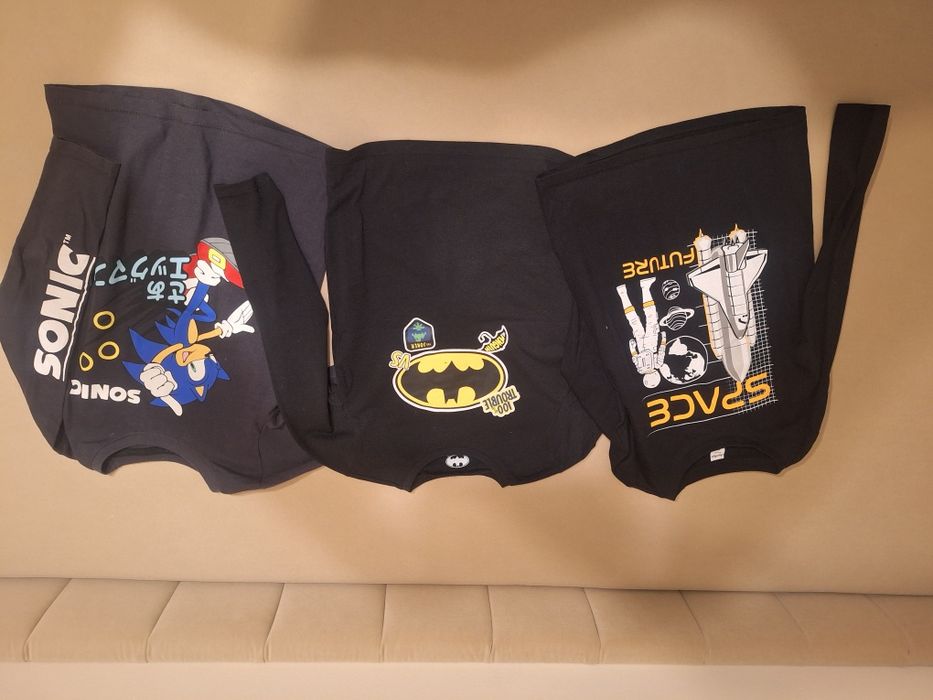 Zestaw 3 bluzki 128, koszulki długi rekaw rękaw Sonic, Batman. Space,