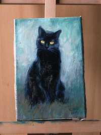 CZARNY KOT kotek portret kota obraz olejny na płótnie 20x30 cm