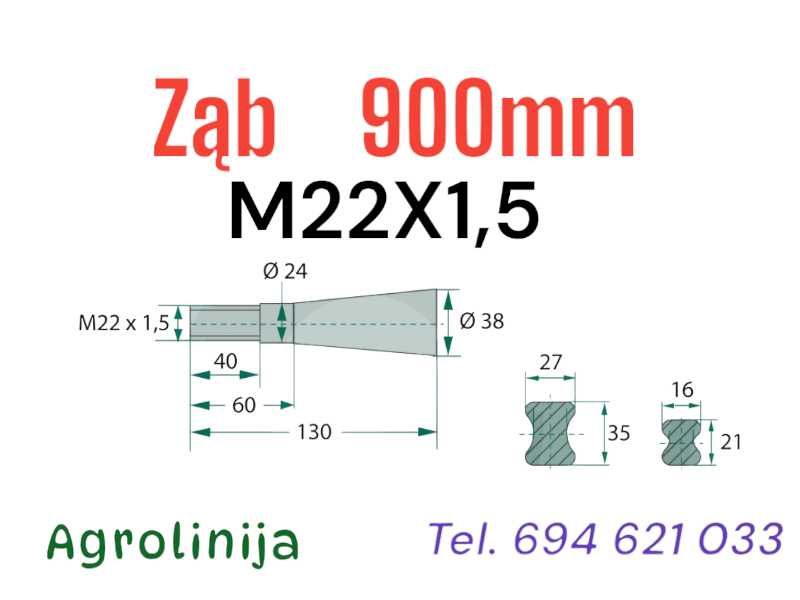 Ząb Prosty Żółty Agtech Długość 900mm Gwint M22x1.5