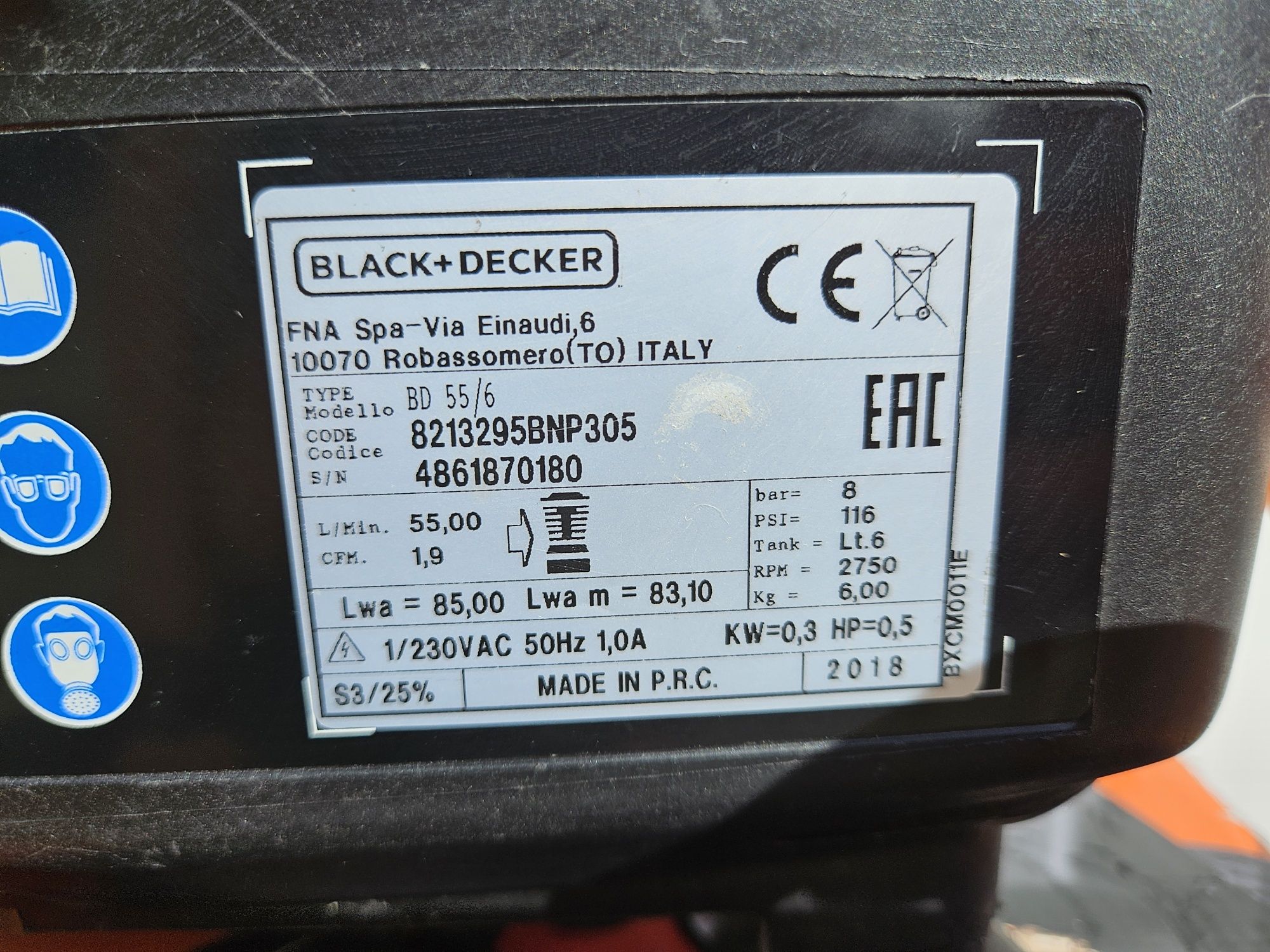 Kompresor sprężarka bezolejowy 6L 8 BAR B&D BLACK+DECKER  55 L/min