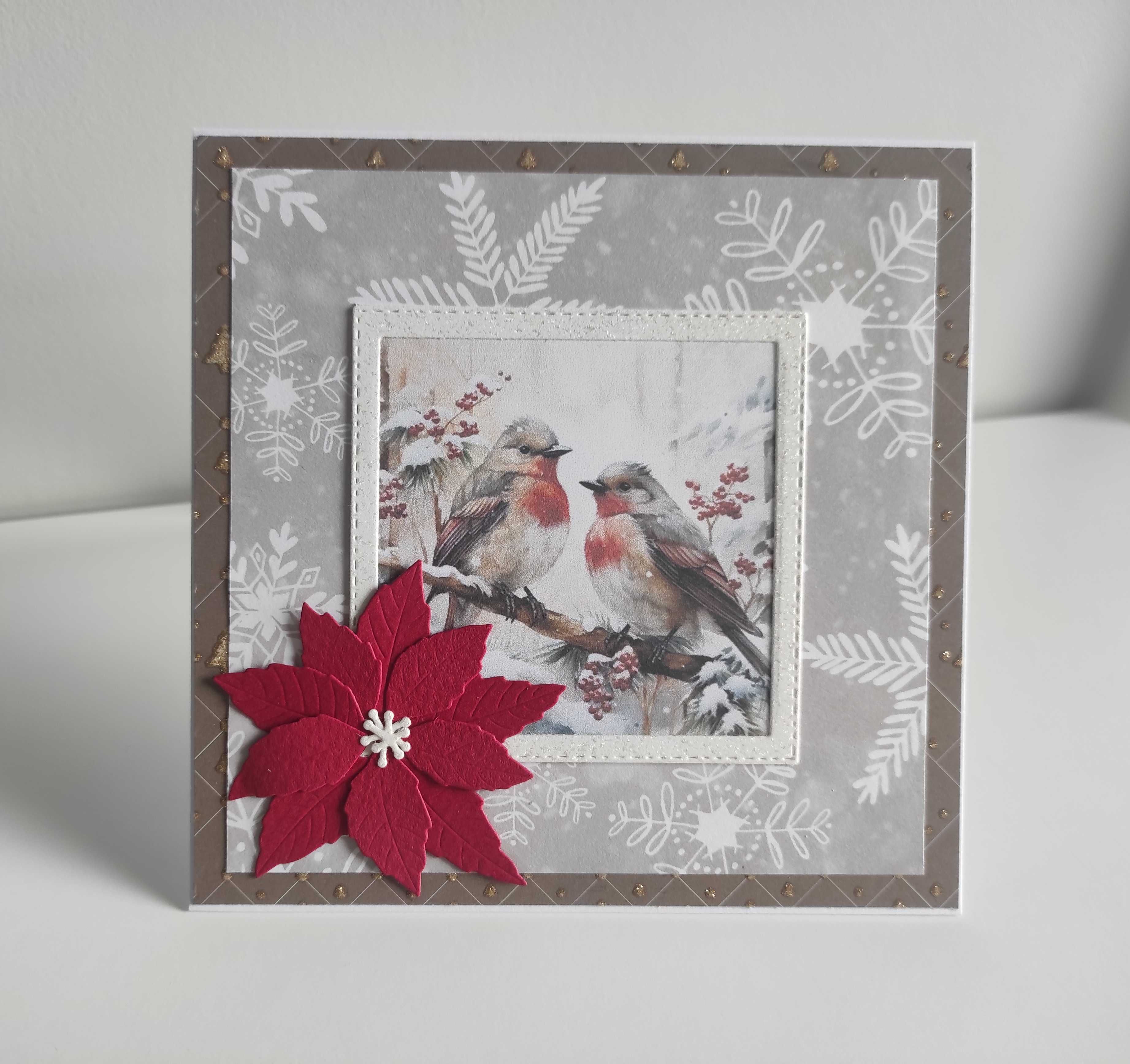 Kartka ręcznie robiona bożonarodzeniowa handmade ptaszki zimowe