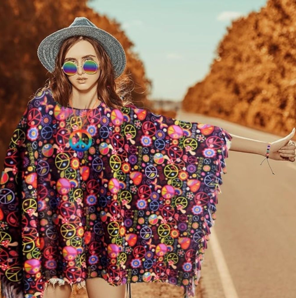 Nowy! Strój Hipiski Poncho Disco Lata 60 70 80 Dzieci kwiaty
