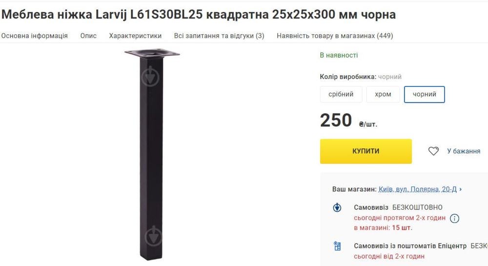 Ніжки меблеві Larvij 25 см нові