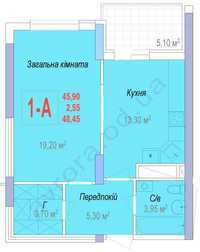 1 комнатная, 4этаж 48,45м, ЖК Аврора, Черемушки