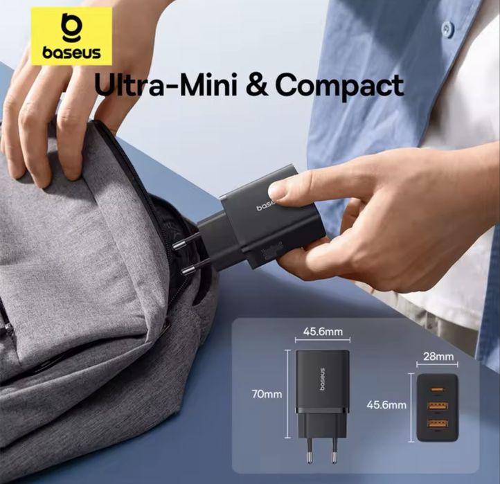 Baseus ładowarka 30W szybkie ładowanie 3 porty UsbA UsbC czarna+ kabel