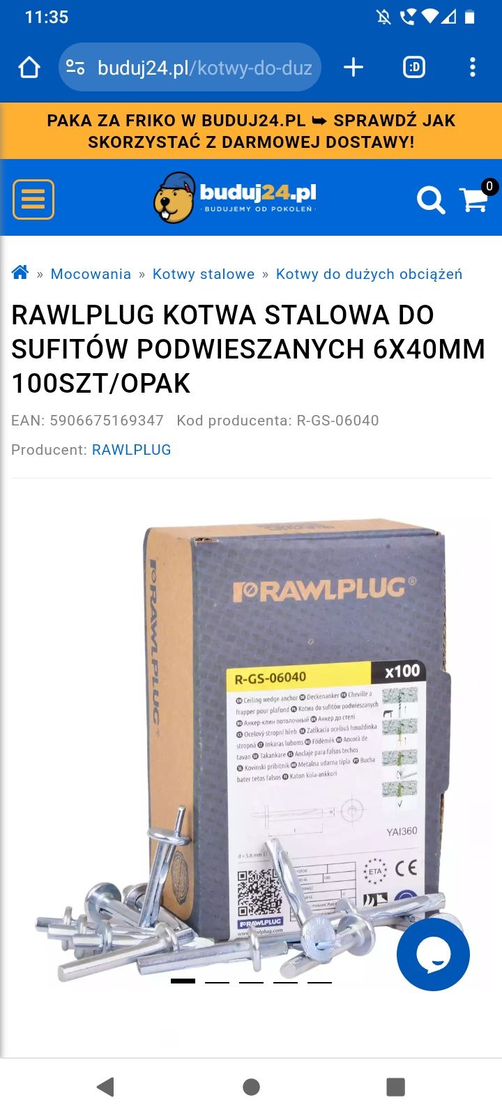 Kołek metalowy do sufitów