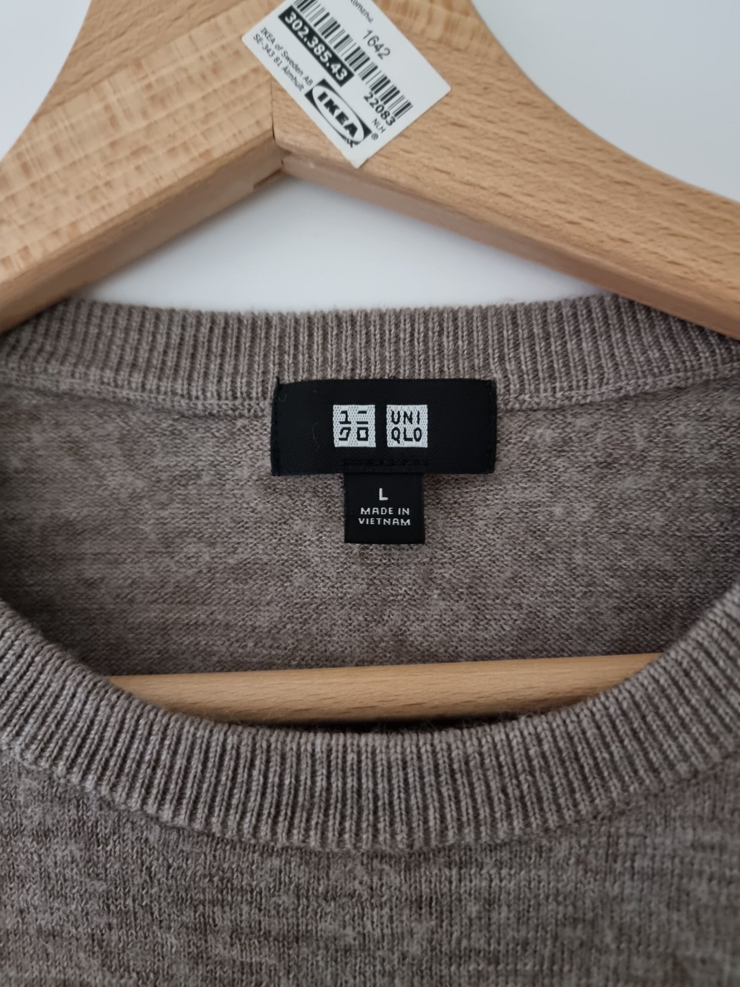 Szary beżowy sweter wełniany 100% wełna merino Uniqlo wool pure