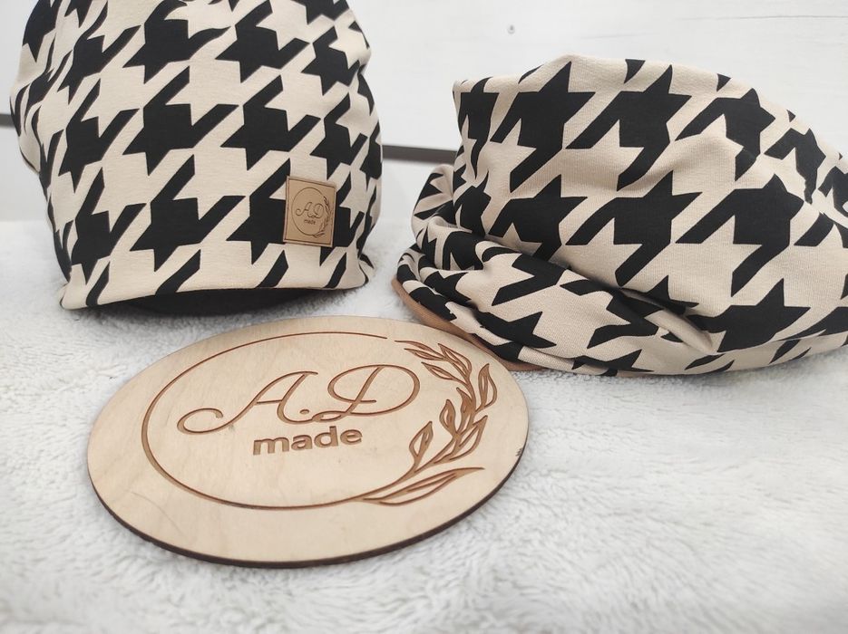 Komplet bawełniany damski Czapka komin Pepitka Duża beż M