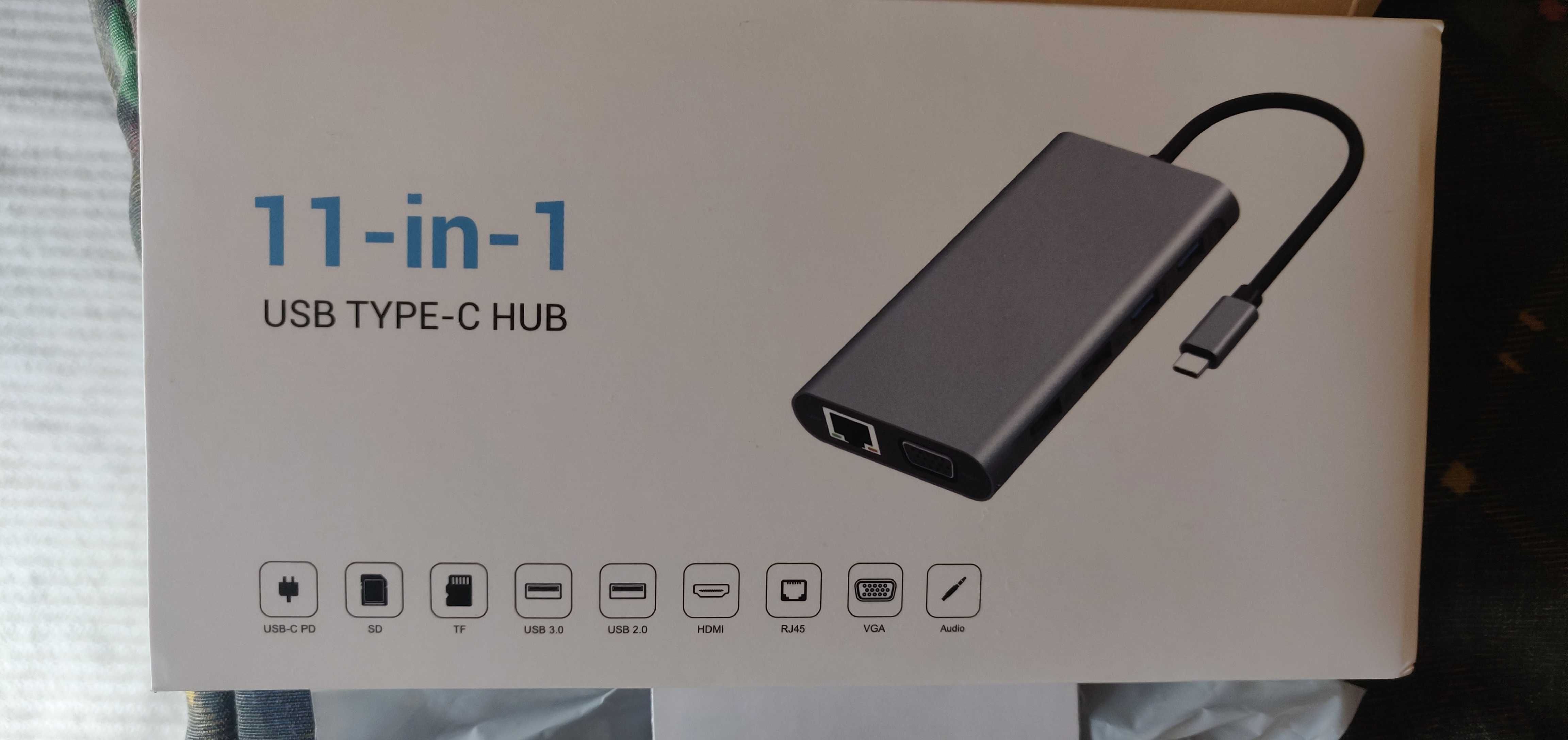 Hub USBC, Saída Rede, HDMI, VGA, Leitor Cartoes, Audio, 2USB3+2USB2