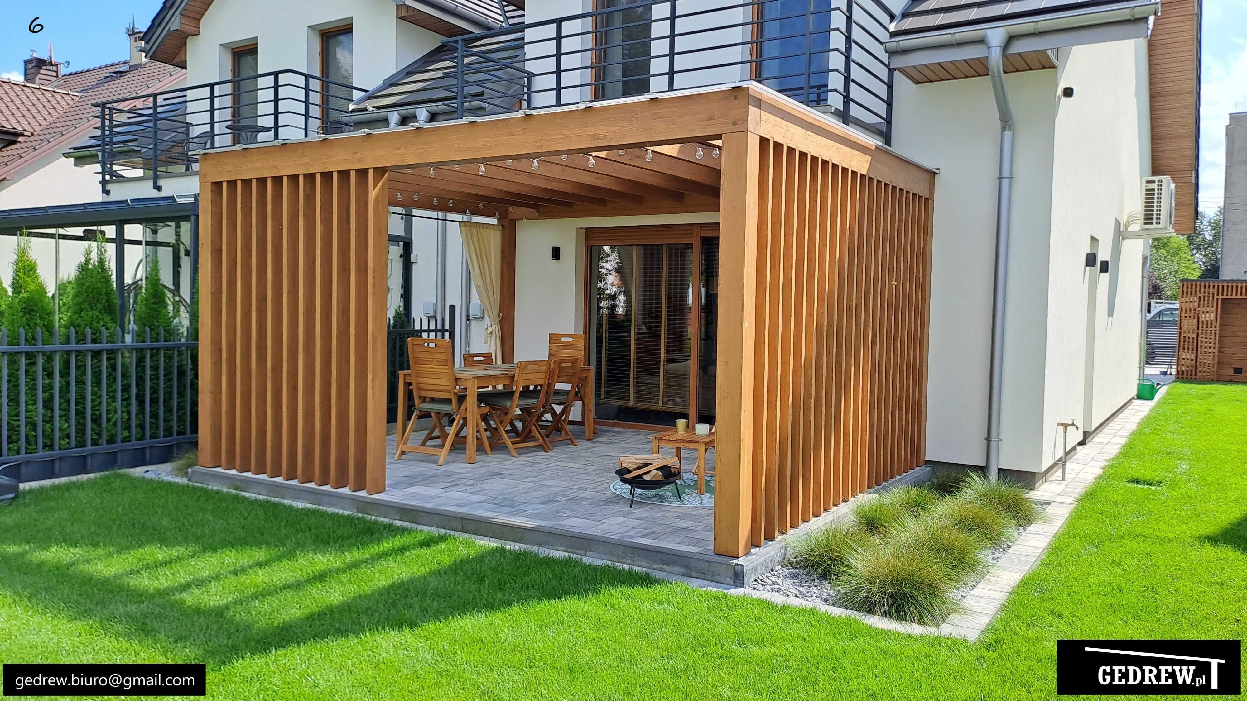 Nowoczesne zadaszenie tarasu patio pergola lamelki pionowe