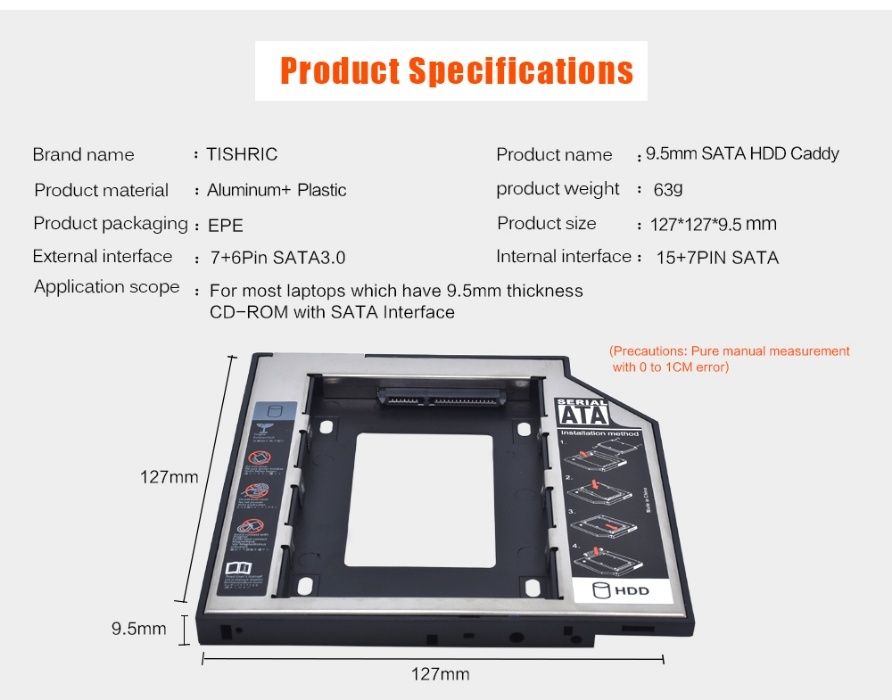 Метал Новий HDD SSD 2.5'' карман кишеня caddy 9.5 SATA optibay