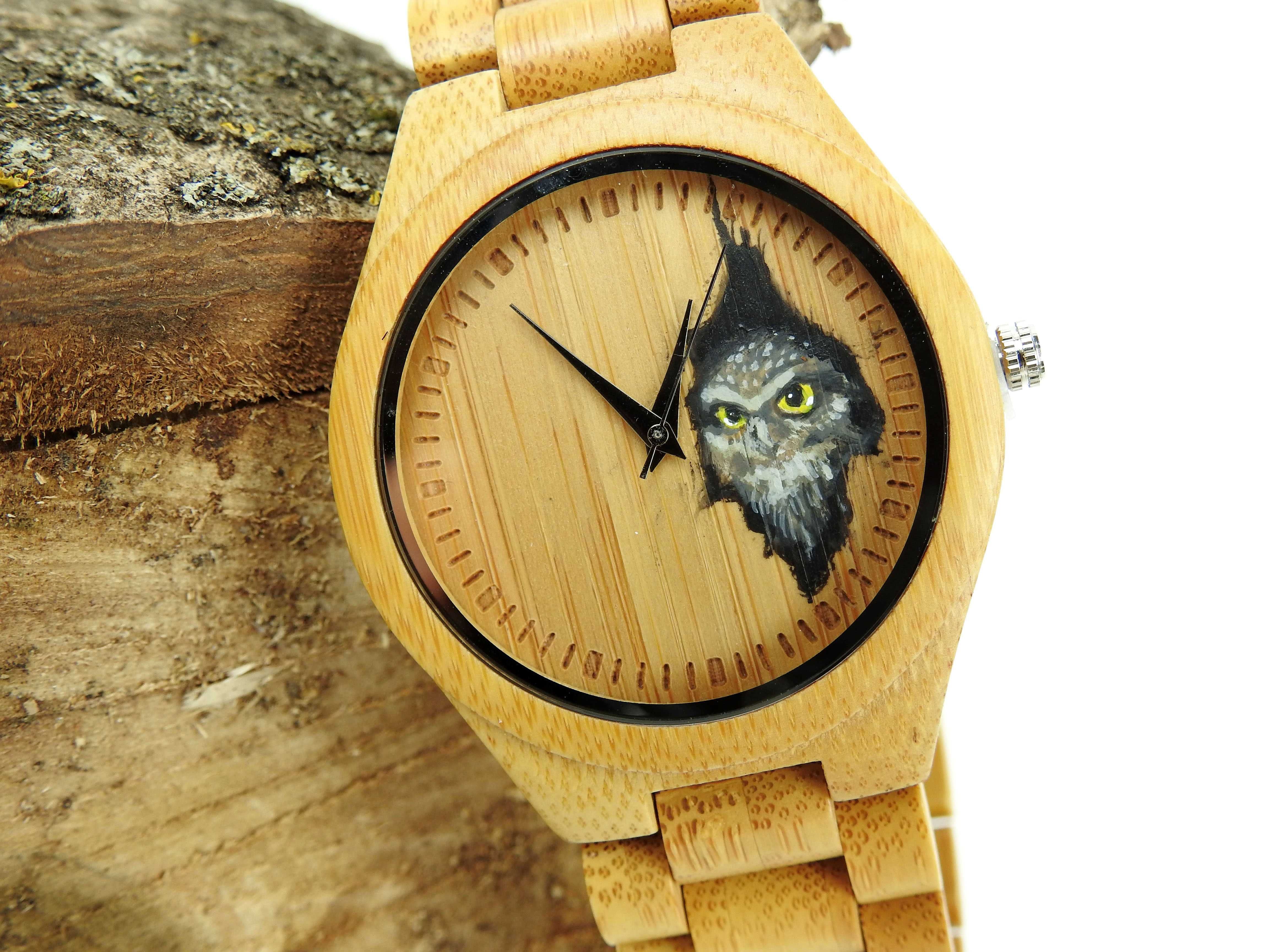 Drewniany zegarek na rękę, Tarcza ręcznie malowana, Upominek, Prezent