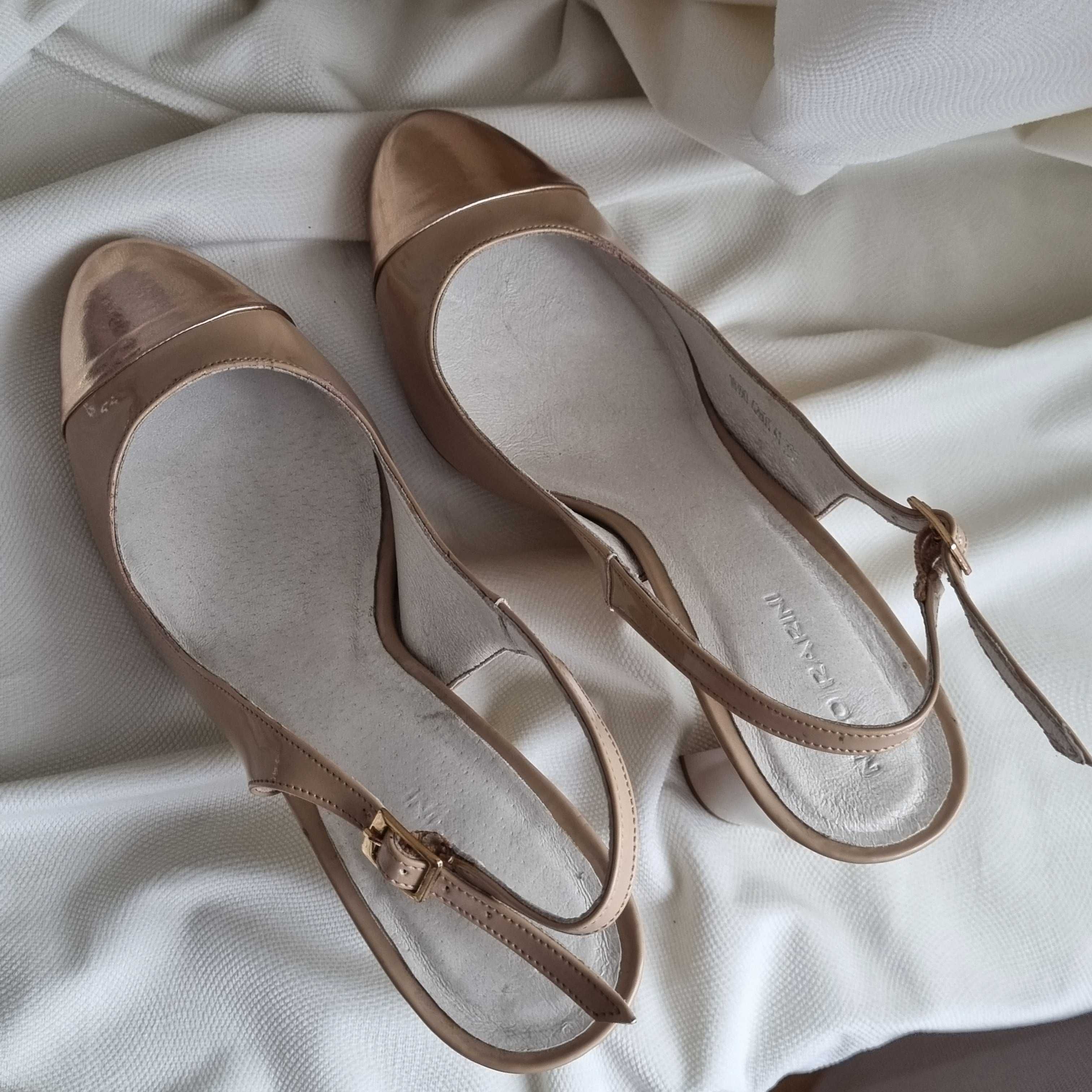 Damskie skórzane czółenka Nico Rarini typu sling back na słupku r. 41