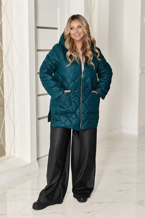 Зимова подовжена куртка великий розмір 50-52 смарагдовий колір