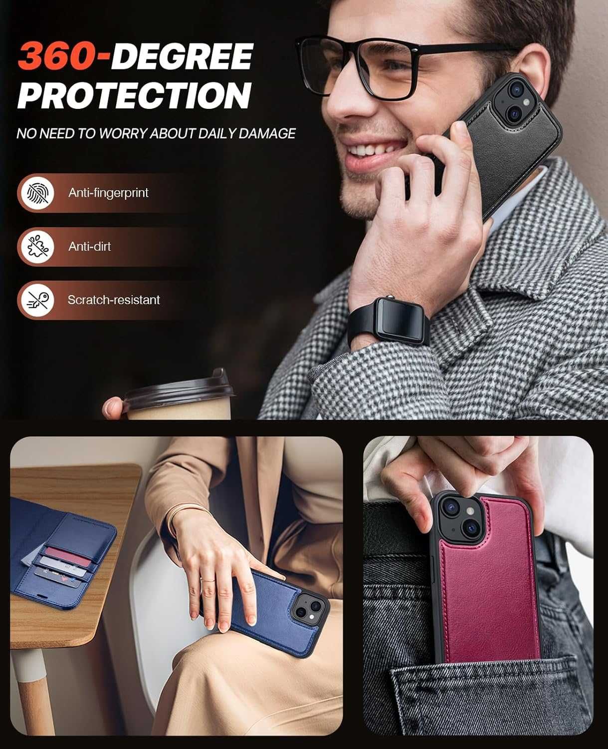 Ocase etui skórzane iPhone 15 PLUS stojak magsafe czarne portfel 2w1