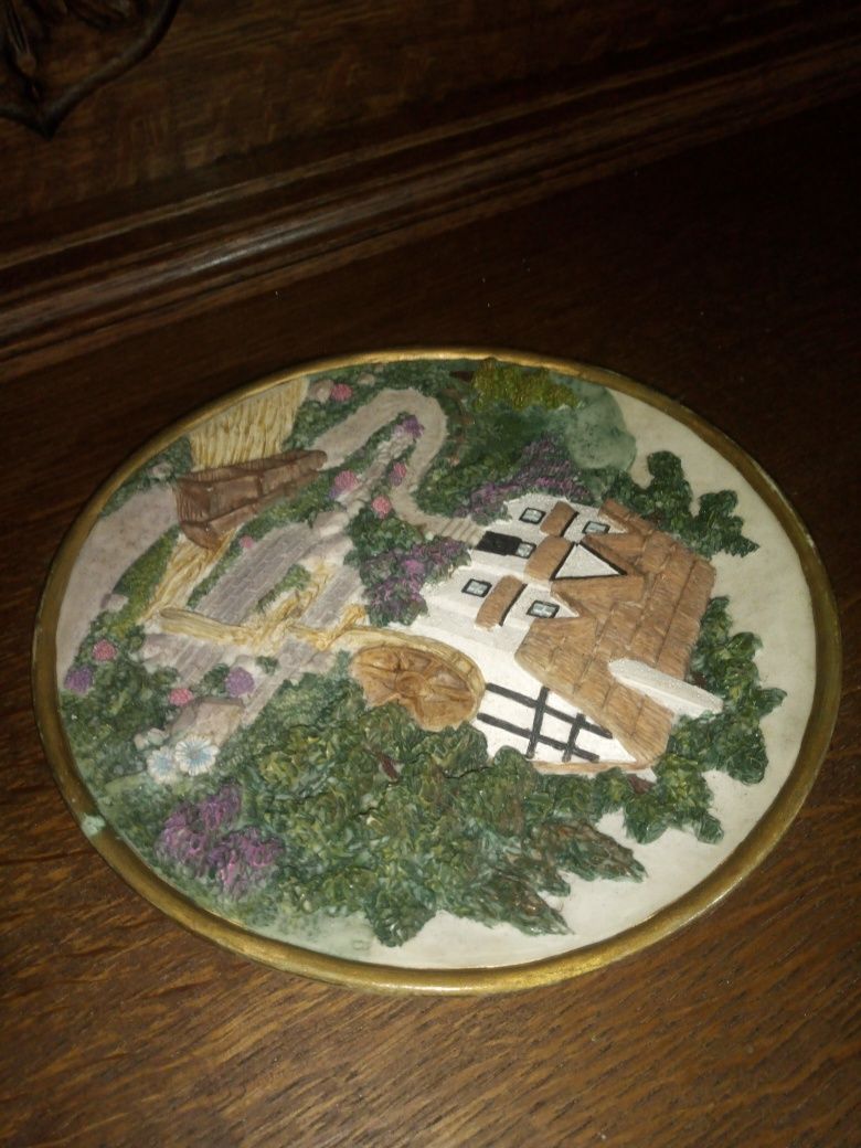 Cudo obrazek płaskorzeźba talerz ozdobny młyn wiejski ręcznie malowany