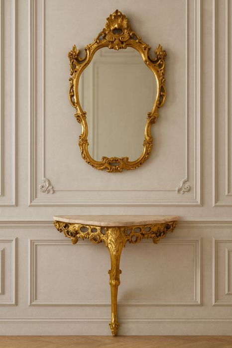 Ekskluzywny komplet neorokoko – złocone lustro i konsola z marmurem