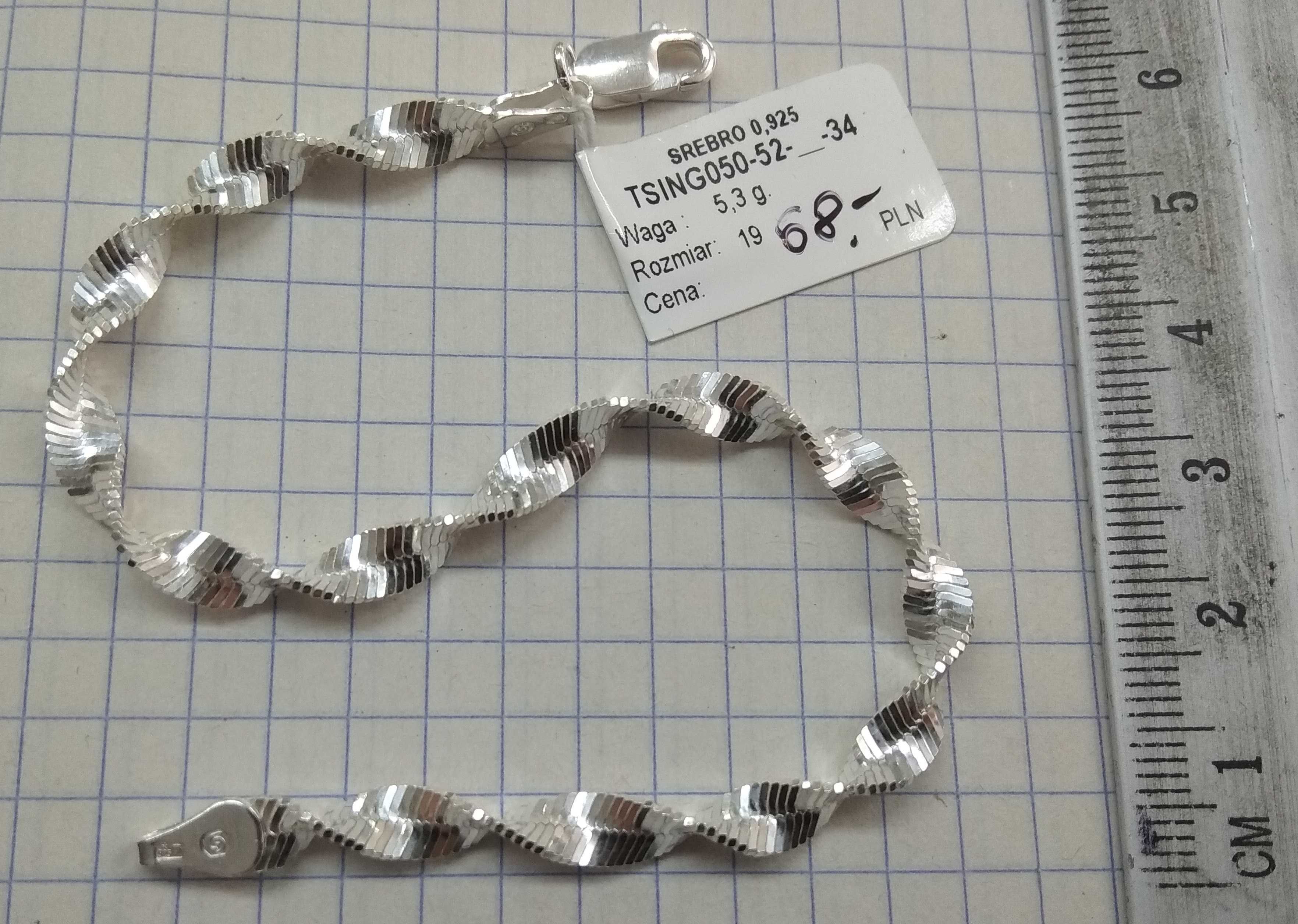 Bransoletka Gruba Splot Taśma Kręcona Srebro 925 NOWE 19cm
