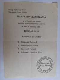Pamiątka z PRL- Wybory 4 czerwca 1989 - karta do głosowania