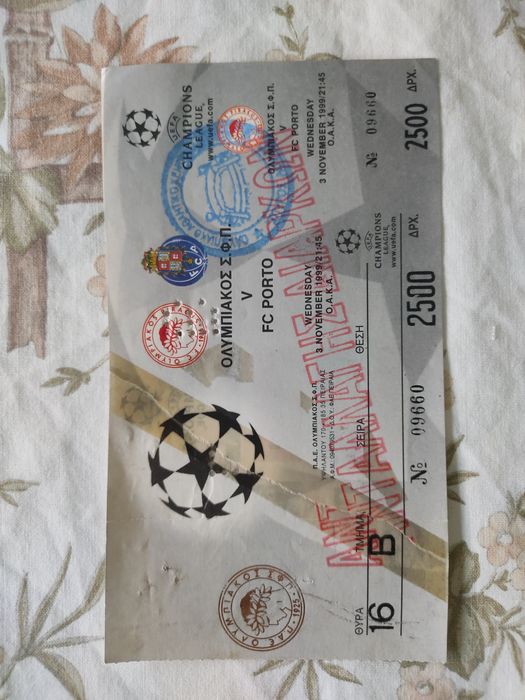 Bilhete Olympiacos FC Porto liga dos campeões 1992