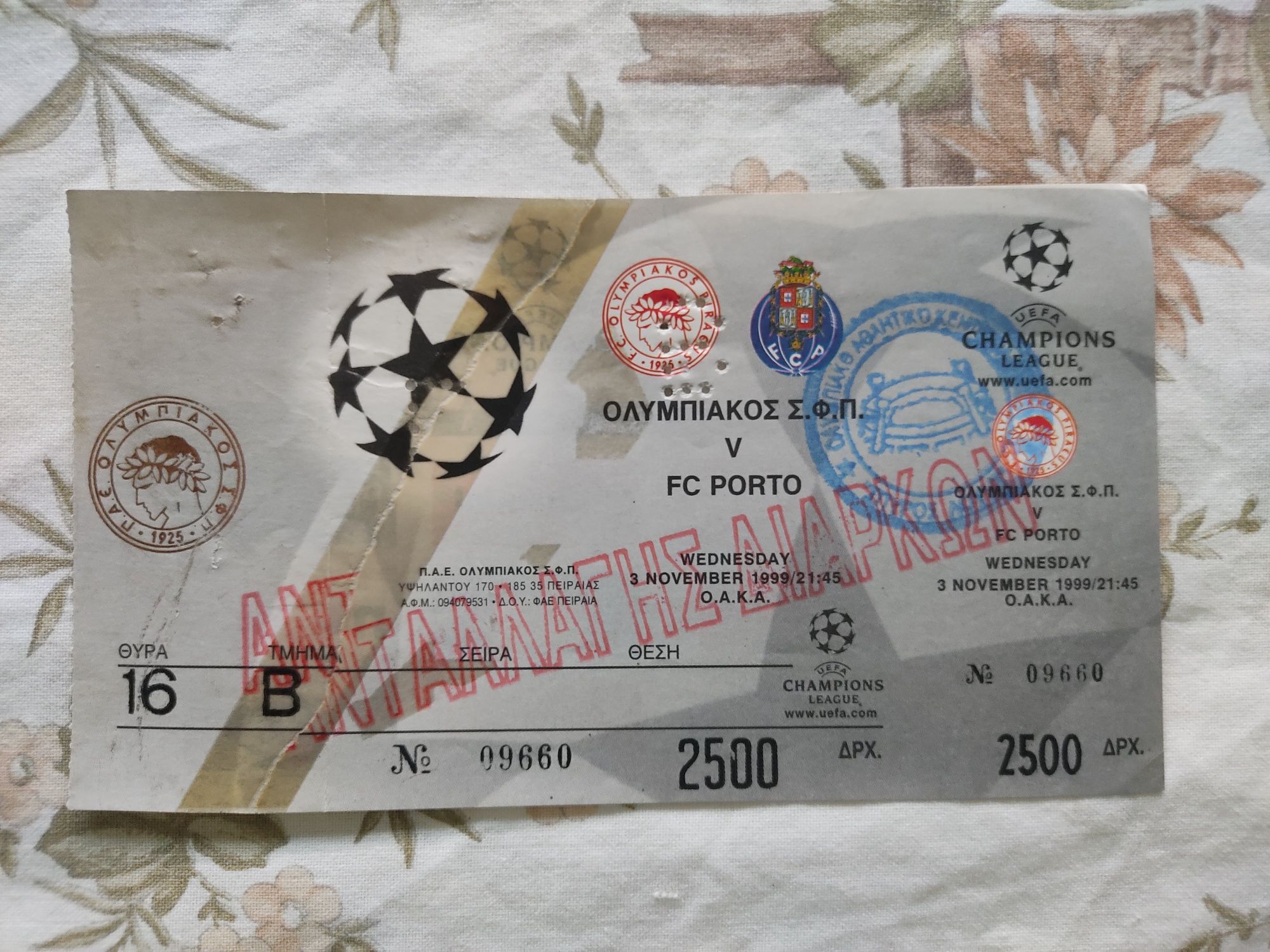 Bilhete Olympiacos FC Porto liga dos campeões 1992