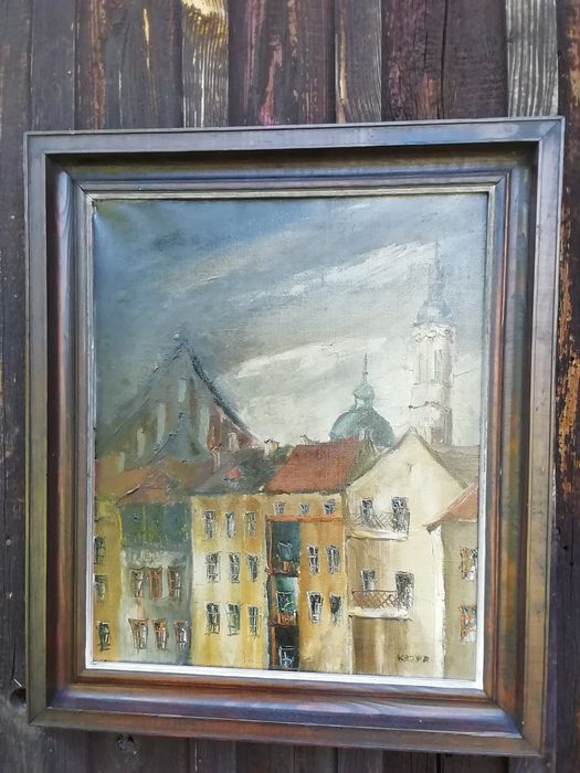Obraz architektura sygn. KRZYR płótno olej w ramach wym. 60x50 cm.