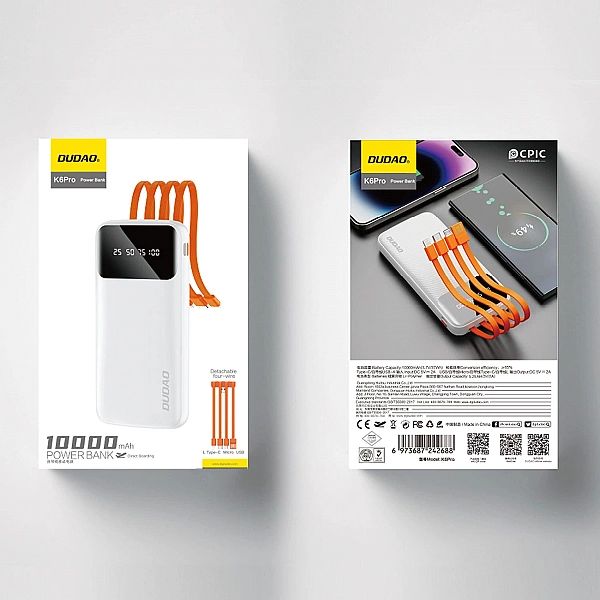 Dudao K6Pro uniwersalny powerbank 10000mAh z kablem USB, USB Typ C, Li