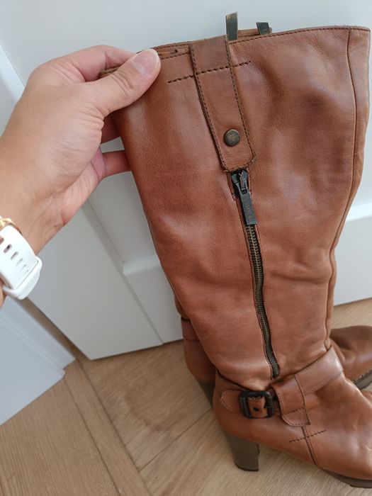 Skórzane kozaki brązowe na grubym obcasie słupku Lasocki 38 skóra