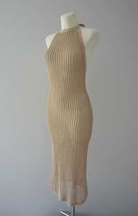 H&M beżowa ażurowa sukienka midi beach knit dress halter cotton 36 S