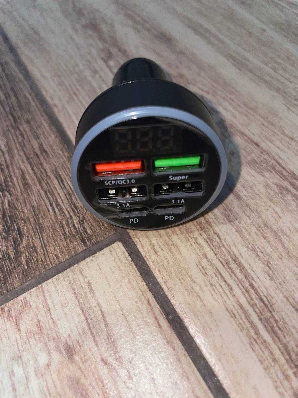 Автомобільне зарядне в прикурювач 40w USB та USB C розєми дисплей